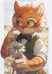 1boy animal_ears artist_name black_bow black_bowtie blush bow bowtie cat_boy cat_ears cat_tail claws closed_mouth flower furry furry_male green_vest highres holding holding_flower lackadaisy looking_to_the_side male_focus ponzu_tas puffy_cheeks rocky_rickaby shirt signature tail vest whiskers white_shirt
