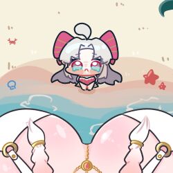 2girls ahoge carlotta_(splashing_summer)_(wuthering_waves) carlotta_(wuthering_waves) changli_(laurel_nymph)_(wuthering_waves) changli_(wuthering_waves) chibi female_pov green_eyes hair_ribbon highres long_hair multicolored_eyes multiple_girls pov red_eyes ribbon sidelocks syurikenmaru tearing_up two-tone_eyes wuthering_waves