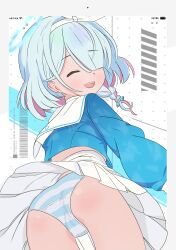 1girl arona_(blue_archive) ass barcode battery_indicator blue_archive blue_hair blue_halo blue_sweater blush border braid character_name closed_eyes colored_inner_hair commentary_request cowboy_shot crosshair crotch_seam facing_back from_below grey_border hair_between_eyes hair_over_one_eye hair_ribbon hairband halo headband highres hinata_kayuki loli long_bangs long_sleeves looking_at_viewer looking_back multicolored_hair one_eye_closed one_eye_covered open_mouth outside_border panties pantyshot parted_bangs pink_hair pleated_skirt ribbon sailor_collar school_uniform serafuku short_hair single_braid skirt smile solo standing striped_clothes striped_panties sweater teeth thighs turning_head two-tone_border underwear upper_teeth_only upskirt white_hairband white_headband white_sailor_collar white_skirt wi-fi_symbol