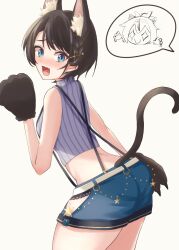 1girl 2girls animal_ear_fluff animal_ears animal_hands ass black_hair black_panties blue_eyes blue_shorts blush braid breasts cat_ears cat_girl cat_paws cat_tail cowboy_shot crop_top cropped_shirt fang from_behind gloves grey_shirt hair_ornament hairclip hane_hitsuji_(hanehituji07) highres hip_vent hololive lace lace-trimmed_panties lace_trim looking_at_viewer looking_back midriff multiple_girls official_alternate_costume oozora_subaru open_mouth panties panty_peek paw_gloves pinstripe_pattern pinstripe_shirt shirt short_hair short_shorts shorts simple_background sleeveless sleeveless_shirt smile solo solo_focus spoken_character striped_clothes striped_shirt suspender_shorts suspenders swept_bangs tail underwear vertical-striped_clothes vertical-striped_shirt virtual_youtuber white_background
