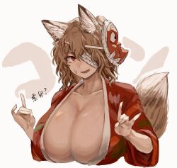 1girl ametsukana_yago animal_ears bandage_over_one_eye breasts brown_hair collarbone commentary_request double_fox_shadow_puppet fox_ears fox_girl fox_shadow_puppet fox_tail genderswap genderswap_(otf) hemo_(hemoroda) highres huge_breasts japanese_clothes kemonomimi_mode kimono len&#039;en mask mask_on_head medium_hair open_mouth red_eyes red_kimono smile solo sweat tail translation_request