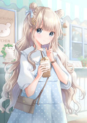Rule 34 | 1girl, bag, banner, blonde hair, blue dress, blue eyes, blue ribbon, blush, brown bag, bun with braided base, closed mouth, collared dress, commentary request, dot nose, double bun, dress, drink, drinking straw, english text, hair bun, hair ornament, hair ribbon, hairclip, highres, holding, holding drink, hoshiibara mato, long hair, menu, original, plant, polka dot, polka dot dress, potted plant, puffy sleeves, ribbon, shoulder bag, side up bun, smile, solo, w