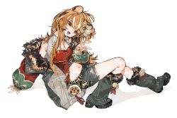 1girl absurdres animal_ears arm_support baifeidaiwang bare_shoulders belt black_belt black_shoes breasts brown_hair charm_(object) cleavage commission cropped_shirt fangs full_body fur-trimmed_jacket fur_trim highres jacket leg_warmers long_hair long_sleeves looking_at_viewer medium_breasts multicolored_hair navel off_shoulder open_clothes open_jacket open_mouth orange_hair original pom_pom_(clothes) red_jacket red_shirt sample_watermark shirt shoes shorts simple_background sitting smile solo streaked_hair tassel tiger_ears tiger_girl torn_clothes torn_shorts v watermark white_background white_hair