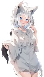 1girl absurdres ahoge amato_0321 animal_ear_fluff animal_ears blush braid commentary_request fox_ears fox_girl fox_tail green_eyes hair_between_eyes highres holding_tail hololive long_hair looking_at_viewer low_ponytail open_mouth ponytail shirakami_fubuki shirakami_fubuki_(street) shirt sidelocks simple_background single_braid solo tail virtual_youtuber wavy_mouth white_background white_hair white_shirt