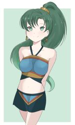 1girl ahoge armpit_crease arms_behind_back boyshort_panties bra breasts chocomiru collarbone earrings eyelashes female_focus fire_emblem fire_emblem_warriors floating_hair green_eyes green_hair hair_ornament halterneck happy intelligent_systems jewelry legs legs_together light_blush looking_at_viewer lyn_(fire_emblem) matching_hair/eyes matching_underwear medium_breasts midriff navel neck nintendo official_alternate_costume official_underwear panties ponytail print_bra print_panties smile sports_bra standing thighs underwear underwear_only