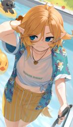absurdres antenna_hair arm_behind_head black_nails blonde_hair blue_eyes blue_jacket clothes_writing commentary dokibird_(vtuber) dokibird_(vtuber)_(summer) dokibird_(vtuber)_(tomato) drawstring ear_piercing earclip english_commentary eyes_visible_through_hair fang fang_out highres indie_virtual_youtuber jacket jewelry long_pointy_ears male_swimwear midriff nail_polish navel official_alternate_costume open_clothes open_jacket pendant piercing pinstripe_pattern pointy_ears pool print_jacket shirt short_sleeves skin_fang slit_pupils striped_clothes swim_trunks tied_shirt vertical-striped_clothes virtual_youtuber water wet wet_clothes wet_shirt white_shirt yoako
