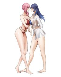 Rule 34 | 2girls, absurdres, bikini, blue hair, breast press, breasts, dead or alive, dead or alive xtreme, dead or alive xtreme venus vacation, elise (doa), face-to-face, hand on own hip, highres, jacket, large breasts, multiple girls, one-piece swimsuit, pink hair, see-through clothes, see-through jacket, shandy (doa), swimsuit, toufed