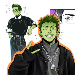 1boy beast_boy_(dc) black_pants closed_eyes colored_skin commentary dc_comics ear_piercing earrings english_commentary glasses green_hair green_skin grin highres jewelry male_focus multiple_necklaces multiple_rings nike_(company) panprika11 pants piercing pointy_ears ring sleeves_past_wrists sleeves_rolled_up smile sparkle teen_titans