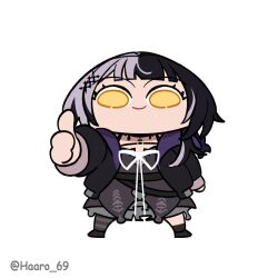 1girl black_coat black_dress black_hair black_thighhighs chibi chibi_only closed_mouth coat dress grey_hair haaro highres hololive hololive_english ribbon shiori_novella shiori_novella_(1st_costume) simple_background single_thighhigh smile solo standing thighhighs thumbs_up twitter_username virtual_youtuber white_background white_ribbon yellow_eyes