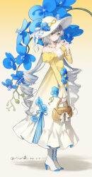 Rule 34 | 1girl, absurdres, artist name, bag, blue flower, boots, bracelet, closed mouth, commentary, dated, dress, flower, full body, gradient background, gradient clothes, gradient dress, green eyes, grey hair, hat, hat flower, high heel boots, high heels, highres, holding, holding bag, jewelry, long hair, looking at viewer, luo tianyi, morimori (14292311), multicolored boots, off-shoulder dress, off shoulder, playing with own hair, ringlets, shadow, simple background, solo, standing, sun hat, two-tone boots, very long hair, vocaloid, vsinger (vocaloid), white hat