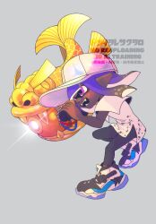 1girl 39_uxue baseball_cap black_pants commentary_request dark-skinned_female dark_skin grey_background hat highres inkling inkling_girl inkling_player_character long_hair nintendo open_mouth pants pink_eyes pointy_ears purple_hair rainmaker_(splatoon) shirt shoes simple_background smile solo splatoon_(series) splatoon_3 tentacle_hair watermark white_shirt