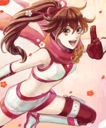 brown_eyes brown_hair eyelashes flower gloves kunoichi_(sengoku_musou) lips midriff navel ninja ponytail scarf sengoku_musou shorts side_ponytail smile thighhighs