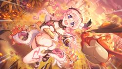 &gt;_&lt; +_+ 1girl @_@ absurdres bare_shoulders biting blush breasts cleavage collar emphasis_lines evening feather_hair_ornament feathers floating_hair flying_sweatdrops frog fur-trimmed_sleeves fur_trim grass hair_ornament hand_on_own_chest heart heart_collar highres jumping large_breasts leg_tattoo long_hair magatama monster navel official_art on_grass open_mouth outdoors pink_hair plant princess_connect! purple_eyes resized sandals standing standing_on_one_leg sweatdrop tattoo tears third-party_source tongue torn torn_clothes tree tsumugi_(geo_gehenna)_(princess_connect!) tsumugi_(princess_connect!) upscaled wavy_mouth