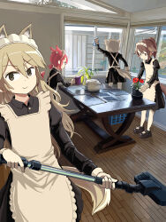 4girls ahoge animal_ear_fluff animal_ears apron arknights black_dress black_shoes blonde_hair breeze_(arknights) brown_eyes brown_hair cleaning cleaning_windows closed_mouth commentary dress english_commentary fox_ears fox_girl fox_tail glasses grey_hair hair_between_eyes highres indoors juliet_sleeves long_hair long_sleeves maid maid_apron maid_headdress mary_janes multiple_girls myrrh_(arknights) pantyhose perfumer_(arknights) photoshop_(medium) plant ponytail potted_plant puffy_sleeves red_hair revision rice_cooker shoes short_hair short_ponytail sidelocks sixten slice_of_life smile sussurro_(arknights) table tail v-shaped_eyebrows vacuum_cleaner watering_can wavy_hair white_pantyhose window wooden_floor wooden_table yellow_eyes