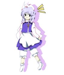 1girl apron bloomers closed_mouth commentary full_body hat kazekami lapel_pin letty_whiterock long_sleeves looking_at_viewer medium_hair purple_hair simple_background solo symbol-only_commentary touhou underwear waist_apron white_apron white_background white_hat zun_(style)