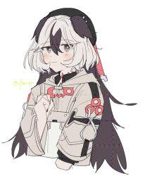 1girl adversarial_noise animal_ears beret black_hair black_hat black_nails blush_stickers closed_mouth coralie_6626_planck coralie_6626_planck_(valkyrie_blastmetal) cropped_torso grey_eyes grey_hair grey_jacket hair_between_eyes hand_up hat highres honkai_(series) honkai_impact_3rd hood hood_down hooded_jacket jacket long_hair long_sleeves multicolored_hair nail_polish ponunu shirt simple_background smile solo twitter_username two-tone_hair upper_body very_long_hair watermark white_background white_shirt wide_sleeves