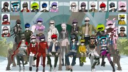 6+boys 6+girls amemiya_darumi aotsuki_eito bench black_hair blonde_hair blue_hair braid braided_ponytail brown_hair censored censored_identity crossed_arms eva_(hundred_line) fire full_body grey_hair hand_up hands_on_own_hips kawana_tsubasa kirifuji_nozomi long_hair magadori_kyoshika maruko_gaku mask mask_on_head medium_hair mojiro_moko multicolored_hair multiple_boys multiple_girls omokage_yugamu oosuzuki_kurara outdoors pink_fire pink_hair purple_hair red_hair shion_(hundred_line) shizuhara_hiruko short_hair sitting standing streaked sumino_takumi the_hundred_line_-last_defense_academy- tomato tsukumo_ima tsukumo_kako twintails v white_hair yakushiji_takemaru