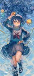 1girl :o absurdres ankle_socks baby_animal baicha_nuwang bird black_hair black_shoes black_socks chinese_commentary commentary_request commission duck duckling english_text full_body grey_serafuku grey_shirt grey_skirt hair_between_eyes hair_spread_out hand_on_own_hip happy_birthday highres holding holding_toy knees knees_up light_particles long_hair long_sleeves lying miniskirt miyamasuzaka_girls&#039;_academy_school_uniform neckerchief on_back original parted_lips pleated_skirt project_sekai red_neckerchief ribbon ripples rubber_duck sailor_collar sample_watermark school_uniform serafuku shirt shoes sidelocks skirt skirt_set socks solo toy uwabaki very_long_hair water watermark watermark_grid wavy_hair white_sailor_collar yellow_ribbon