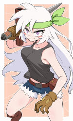1girl belt blue_shorts blush blush_stickers breasts brown_bag brown_belt brown_gloves brown_shoes closed_mouth commentary_request denim fanny_pack gloves green_headband grey_shirt headband highres holding holding_sword holding_weapon humanization kirby:_right_back_at_ya! kirby_(series) kurachi_mizuki long_hair nintendo outline purple_eyes shirt shoes shorts sirica_(kirby) sleeveless sleeveless_shirt smile solo sword v-shaped_eyebrows weapon white_hair white_outline
