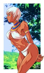 Rule 34 | 1girl, armlet, arms behind back, ass, bikini, blue eyes, bracelet, breasts, capcom, closed mouth, commentary request, dark-skinned female, dark skin, elena (street fighter), highres, jewelry, medium breasts, mimiyama kiichi, navel, neck ring, outdoors, short hair, smile, solo, street fighter, street fighter iii (series), swimsuit, very dark skin, white bikini, white hair