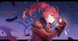 1boy black_feathers black_gloves black_shirt clenched_hand coat commentary_request diluc_(genshin_impact) diluc_(red_dead_of_night)_(genshin_impact) english_text feathers fire frown genshin_impact gloves gradient_background high_ponytail ituki_gnsn letterboxed male_focus official_alternate_costume ponytail purple_background red_coat red_eyes red_hair shirt solo twitter_username upper_body