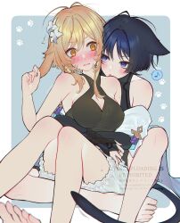 1boy 1girl ^^^ absurdres amano_hotaru_(hotaama) animal_ears armor armpit_crease arms_around_waist barefoot black_bodysuit black_bridal_gauntlets black_hair black_shirt blonde_hair bloomers blue_background blue_sleeves blush bodysuit border breasts bridal_gauntlets cat_ears cat_tail choppy_bangs cleavage cleavage_cutout clenched_hand clothing_cutout couple covered_collarbone covered_erect_nipples criss-cross_halter disheveled ears_down eyelashes eyeliner eyeshadow fingernails flower furisode genshin_impact gold_ring grey_flower hair_flower hair_intakes hair_ornament halterneck heads_together hetero highres hug hug_from_behind japanese_armor japanese_clothes kimono knee_blush knees_together_feet_apart knees_up kote kurokote large_breasts layered_sleeves licking_shoulder looking_at_another lumine_(genshin_impact) makeup middle_ring multicolored_flower musical_note off_shoulder open_mouth paw_print pink_lips purple_eyes rabbit_ears red_eyeliner red_eyeshadow scaramouche_(genshin_impact) sharp_fingernails shirt short_hair short_hair_with_long_locks short_sleeves shoulder_blush sideboob sidelocks sitting sitting_between_lap sleeveless sleeveless_shirt spoken_musical_note sweat sweatdrop tail tareme toenails tongue tongue_out tsurime twitter_username underwear wanderer_(genshin_impact) watermark white_bloomers white_border white_flower white_kimono white_sleeves wide-eyed yellow_eyes