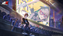 Rule 34 | 1girl, absurdres, arai motoha, artist request, baseball bat, baseball stadium, black shirt, black socks, blue eyes, closed mouth, copyright name, domino mask, grey skirt, highres, hood, hood up, long sleeves, mask, masked, miniskirt, night, official art, persona, persona 5, persona 5: the phantom x, plaid clothes, plaid skirt, pleated skirt, red mask, school uniform, shirt, shoes, short hair, sitting, skirt, socks, stadium, teeth, third-party source, white shoes
