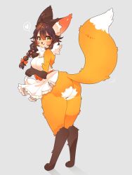 1girl :3 ahoge animal_ear_fluff animal_ears animal_feet animal_hands animal_nose apron ass bare_shoulders barefoot blush body_fur bow braid breasts brown_fur brown_hair fox_ears fox_girl fox_tail frilled_apron frills from_behind full_body furry furry_female green_eyes grey_background hair_bow hands_up happy heart highres knees_together_feet_apart legs long_hair looking_at_viewer looking_back medium_breasts multicolored_fur naked_apron neck_fur open_mouth orange_bow orange_fur original pawpads sidelocks simple_background single_braid smile solo speech_bubble spoken_heart standing tail tail_raised thick_thighs thighs toconikky waving white_apron white_fur
