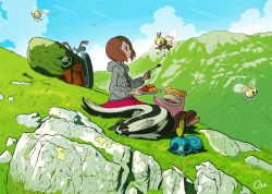 1girl backpack bag bicycle blue_sky boots brown_footwear brown_hair cardigan creatures_(company) curry cutiefly day dress eating falling_leaves food galarian_form galarian_linoone galarian_slowpoke game_freak gen_7_pokemon gen_8_pokemon gloria_(pokemon) grass grey_cardigan hat highres hood hood_down leaf mountain mountainous_horizon nintendo oshiruko_(oshiruko_s2) pink_dress plate pokemon pokemon_(creature) pokemon_swsh ribombee rock short_hair sitting sky sleeping slice_of_life smile sobble spoon tam_o&#039;_shanter unworn_hat unworn_headwear wind