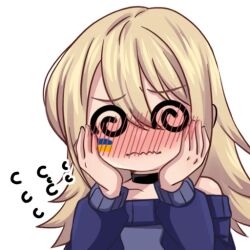 Rule 34 | 1girl, @ @, black choker, blonde hair, blue sweater, blush, choker, embarrassed, facepaint, hair between eyes, hands on own cheeks, hands on own face, henna (hentaiukr), hentaiukr, korzynka persykiv, long hair, non-web source, nose blush, off shoulder, solo, sticker, sweater, transparent background, ukrainian flag, wavy mouth