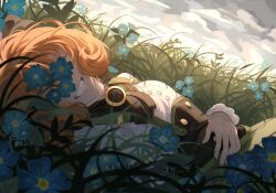 1girl artist_name blue_flower cloud cloudy_sky flower grass grey_sky highres looking_at_viewer lying medium_hair on_grass on_side orange_hair penny_polendina rwby shirt silverskies sky smile solo upper_body white_shirt