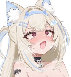 1girl @_@ absurdres animal_ear_fluff animal_ears blonde_hair blue_eyes blush character_name dog_ears dog_girl fang fuwawa_abyssgard highres hololive hololive_english long_hair lucien_000298 multicolored_hair nude pink_hair simple_background skin_fang solo tears two-tone_hair two_side_up upper_body virtual_youtuber white_background