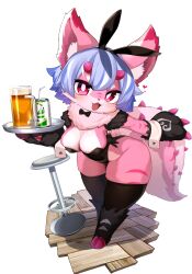 1girl absurdres animal_ears animal_hands beer_mug blue_hair breasts cup fake_animal_ears full_body fur furry gloves highres horns jovejun large_breasts mug open_mouth pink_eyes pink_fur short_hair smile tail thighhighs thighs tray waitress wooden_floor