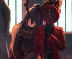 1boy 1other antlers belt black_belt black_bodysuit black_gloves black_hair bodysuit closed_eyes closed_mouth coat dante_(limbus_company) finger_to_mouth gloves half_updo highres hong_lu_(project_moon) horns indoors lapels limbus_company long_hair mephistopheles_(project_moon) notched_lapels oshikyomokawaii pill_bottle project_moon r_corp._(identity)_(project_moon) red_coat reindeer_antlers shushing suspenders very_long_hair