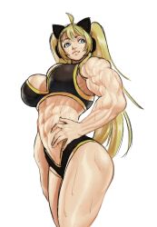 1girl 2024 abs absurdres ahoge animal_ear_headphones arm_at_side bikini black_bikini blonde_hair blue_eyes boruburo breasts cat_ear_headphones catherine_(boruburo) cleavage closed_mouth commentary cowboy_shot english_commentary fake_animal_ears female_focus hand_on_own_hip headphones highres large_breasts midriff muscular muscular_arms muscular_female navel original simple_background smile solo sweat swimsuit thick_thighs thighs thong_bikini twintails white_background yellow_trim