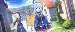 Rule 34 | 2girls, aqua (konosuba), blonde hair, blue brooch, blue dress, blue eyes, blue gemstone, blue hair, blue robe, blue sky, bow, bowtie, breasts, bush, cecily (konosuba), closed eyes, cowboy shot, day, detached sleeves, dot nose, doyagao, dress, dutch angle, flag, flyer, game cg, gem, green bow, green bowtie, hair ornament, hair rings, hand on own hip, highres, holding, holding flyer, holding paper, house, kono subarashii sekai ni shukufuku wo!, konosuba! fantastic days, lamppost, long hair, long sleeves, medium breasts, multiple girls, nun, official art, open mouth, outdoors, paper, robe, single hair ring, sky, smile, smug, stone walkway, third-party source, town, very long hair, white sleeves