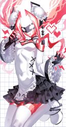 1girl black_skirt coat colored_skin cowboy_shot double_bun double_v down_jacket dress duel_monster electricity enmo_takeshita frilled_skirt frills hair_bun highres jacket red_skin skirt solo spright_elf v white_coat white_dress yu-gi-oh!