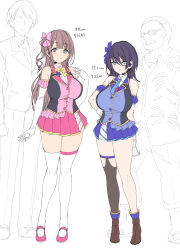 2boys 2girls arm_behind_back bare_shoulders black_hair blue_bow blue_eyes blue_neckwear blue_skirt blush boots bow bowtie breasts brown_footwear brown_hair closed_mouth collared_shirt commentary_request concept_art cup_size elbow_gloves frills frown full_body gloves hair_between_eyes hair_bow hand_on_own_hip headset height hidden_face highres idol large_breasts long_hair looking_at_viewer mary_janes measurements microphone miniskirt multiple_boys multiple_girls necktie one_side_up original partially_colored pink_bow pink_shoes pink_skirt pleated_skirt satou_kuuki shirt shoes sidelocks single_thighhigh sketch skirt sleeveless smile standing swept_bangs thigh_strap thighhighs unfinished vest white_background white_gloves white_legwear white_shirt wing_collar yellow_neckwear