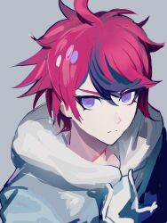 1boy ahoge black_hair blue_eyes closed_mouth eyebrows hood hoodie looking_at_viewer male_focus messy_hair red_eyes red_hair solo solo_focus sumino_takumi the_hundred_line_-last_defense_academy- upper_body