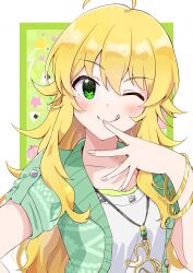 1girl ;q ahoge blonde_hair blush border bracelet checkered_background closed_mouth collarbone fingernails food green_background green_eyes green_jacket hand_up highres hoshii_miki idolmaster idolmaster_(classic) idolmaster_million_live! idolmaster_million_live!_theater_days jacket jewelry long_hair looking_at_viewer necklace one_eye_closed onigiri open_clothes open_jacket outside_border shirt short_sleeves solo star_(symbol) tongue tongue_out twwibql2kktg5am upper_body white_border white_shirt