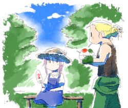 Rule 34 | 1boy, 1girl, alex (street fighter), alternate costume, alternate hairstyle, black tank top, blonde hair, blue sky, bowl, chibi, chibi only, crossover, fingerless gloves, food, gloves, green gloves, green pants, hand fan, hat, holding, holding bowl, holding food, looking at another, looking to the side, melty blood, mo (wkmdw), on bench, outdoors, pants, purple hair, shaved ice, sion eltnam (type-moon), sion eltnam atlasia, sitting, sky, straw hat, street fighter, sun hat, tank top, tree, tsukihime
