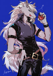 1boy apple armlet black_jumpsuit blue_background body_fur claws commentary_request cowboy_shot fang fang_out food fruit furry furry_male grey_fur grey_hair hand_on_own_hip high_collar holding holding_food holding_fruit jewelry jumpsuit long_hair looking_at_viewer male_focus metoro_(melai_mm) precure purple_eyes simple_background sleeveless_jumpsuit smile_precure! solo tail tongue tongue_out very_long_hair wolf_boy wolfrun