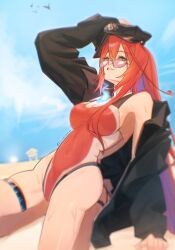Rule 34 | 1girl, absurdres, adjusting clothes, adjusting headwear, arm up, aviator sunglasses, beach, black hat, black jacket, blue fire, blue hair, blurry, blurry background, breasts, cleavage, cloud, colored inner hair, commentary, day, elisbian, elizabeth rose bloodflame, english commentary, fire, fire on chest, hat, highleg, highleg one-piece swimsuit, highres, hololive, hololive english, jacket, large breasts, long hair, long sidelocks, looking at viewer, multicolored hair, official alternate costume, one-piece swimsuit, open clothes, open jacket, outdoors, parted lips, peaked cap, pink-tinted eyewear, red eyes, red hair, red one-piece swimsuit, sidelocks, single off shoulder, single sidelock, sitting, sky, sleeves past wrists, solo, sunglasses, swimsuit, thigh strap, tinted eyewear, very long hair, virtual youtuber