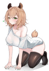 1girl absurdres all_fours animal_ears artist_name black_thighhighs blush breasts brown_hair closed_mouth collarbone commentary fingernails green_eyes green_nails hair_between_eyes highres indie_virtual_youtuber large_breasts looking_at_viewer medium_hair nail_polish nimi_nightmare off-shoulder_shirt off_shoulder psypolo_d shirt short_sleeves simple_background single_bare_shoulder smile solo t-shirt tail tapir_ears tapir_girl tapir_tail thighhighs thighs virtual_youtuber white_background white_shirt