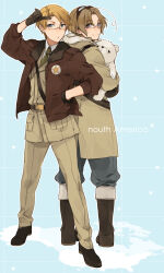 Rule 34 | 2boys, ahoge, america (hetalia), animal, animal nose, axis powers hetalia, back-to-back, baggy pants, bear, beard stubble, belt, black belt, black gloves, black shoes, blonde hair, blue background, blue eyes, blue pants, boots, brown-framed eyewear, brown boots, brown coat, brown hair, brown jacket, brown pants, canada (hetalia), checkered background, closed mouth, coat, collared shirt, english text, facial hair, from behind, full body, fur-trimmed hood, fur-trimmed jacket, fur trim, glasses, gloves, goggles, goggles on head, green necktie, hand in pocket, hand up, highres, hita (hitapita), holding, holding animal, hood, hooded coat, jacket, lapels, long sleeves, looking at viewer, looking back, male focus, map, military jacket, military uniform, multiple boys, necktie, non-web source, open clothes, open jacket, open mouth, pants, pocket, polar bear, puffy long sleeves, puffy sleeves, purple eyes, semi-rimless eyewear, shirt, shoes, short hair, smile, standing, star (symbol), star print, star symbol background, stubble, white fur, white shirt, world map