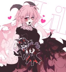 1girl 2boys anger_vein black_dress black_hair blush demon_boy demon_girl demon_horns demon_wings dress formal_clothes funamusea glasses_(funamusea) heart horns husband_and_wife kakketsu lil_(funamusea) looking_at_another looking_at_viewer lowres mother_and_son multiple_boys pink_hair satanick_(funamusea) suit wings