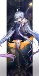 1girl ahoge arm_up armpits black_boots black_gloves blue_dress boots bracelet breasts chinese_commentary commentary_request crossed_bangs dress elbow_gloves fingerless_gloves floating_hair full_body gloves gradient_boots gradient_hair grey_boots grey_hair highres jewelry long_hair looking_at_viewer low_twintails multicolored_hair orange_eyes pink_hair short_dress sleeveless sleeveless_dress small_breasts solo thigh_boots thighhighs twintails very_long_hair vocaloid xingchen yinber zettai_ryouiki