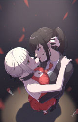 2girls absurdres bare_shoulders black_collar black_footwear black_hair black_jacket black_pants black_ribbon blonde_hair breast_press breasts cleavage collar dancing dress eye_contact formal_clothes from_above hair_ribbon highres inoue_takina jacket jewelry long_hair looking_at_another lower_teeth_only lycoris_recoil medium_breasts multiple_girls necklace nishikigi_chisato open_mouth pants ponytail purple_eyes red_dress red_eyes red_footwear ribbon shoes short_hair sleeveless sleeveless_dress smile suit teeth upper_teeth_only wakagon0727 yuri