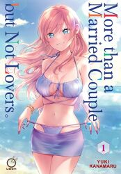 Rule 34 | 1girl, artist name, beach, bikini, bikini skirt, blue eyes, blue sky, bracelet, breasts, commentary, copyright name, cover, cover page, cowboy shot, earrings, front-tie bikini top, front-tie top, fuufu ijou koibito miman., grin, jewelry, kanamaru yuuki, large breasts, long hair, looking at viewer, navel, ocean, official art, pink hair, purple bikini, purple nails, sky, smile, solo, standing, stomach, strap pull, swimsuit, udon entertainment, watanabe akari