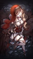 1girl bad_id bad_twitter_id blonde_hair bloomers blunt_bangs buckle chest_harness choker commission corset dress goth_fashion hair_ribbon harness high_heels highres hoop_skirt long_hair long_sleeves looking_at_viewer orange_eyes red_corset red_ribbon red_riding_hood_(sinoalice) ribbon sidelocks sinoalice sitting skeb_commission solo symbol-shaped_pupils teroru thighhighs underwear veil wavy_hair white_bloomers